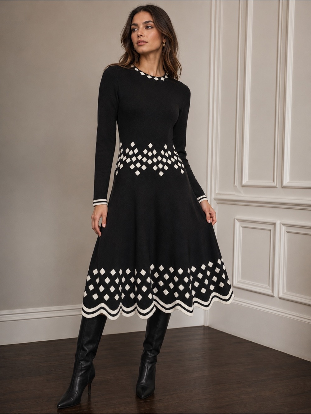 Lela Rose Knit Fit Flare Midi Dress Black White Geometric Long Sleeve Small